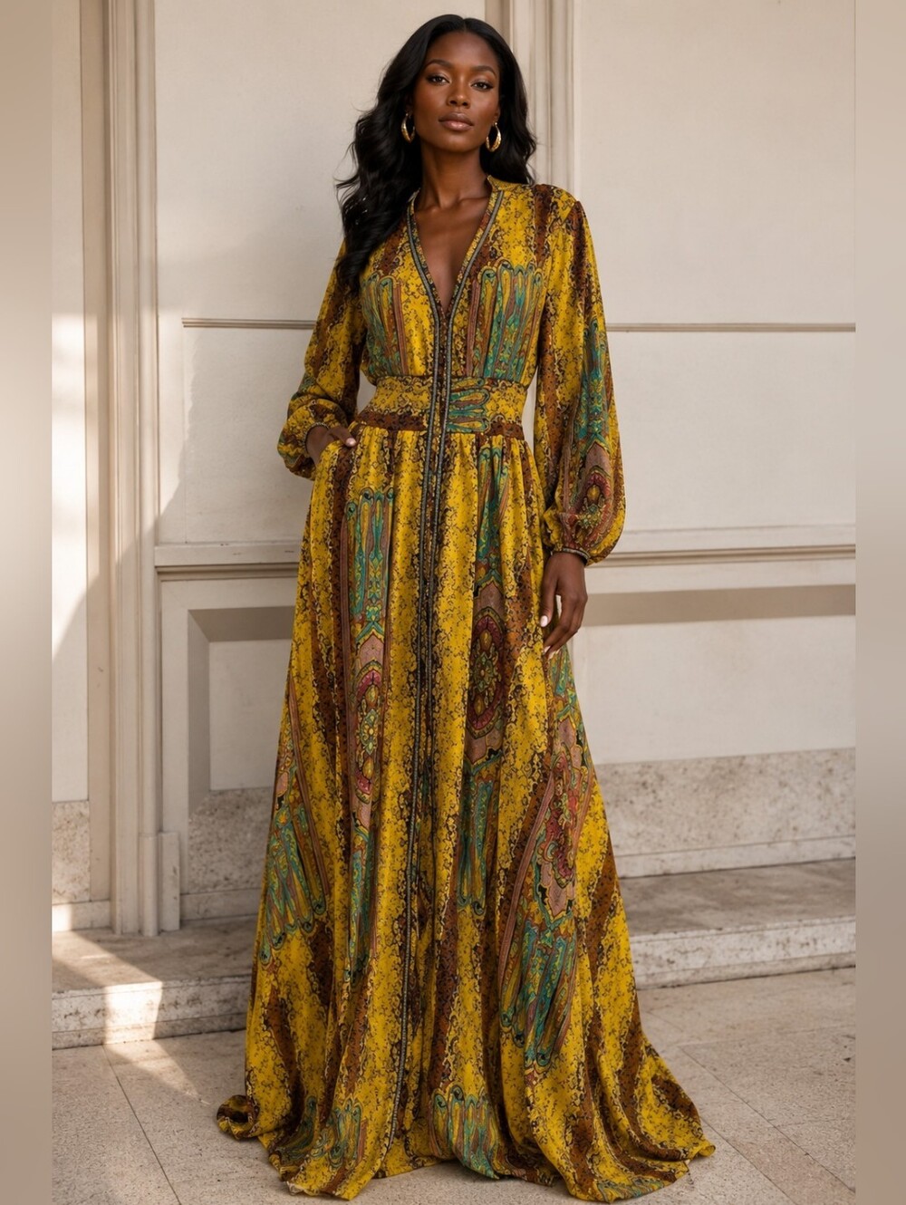 Gracia Yellow Paisley V-Neck Maxi Dress 😮‍💨🫰🏾🔥Size L
